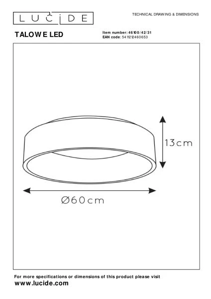 Lucide TALOWE LED - Plafonnier - Ø 60 cm - LED Dim. - 1x42W 3000K - Blanc - TECHNISCH